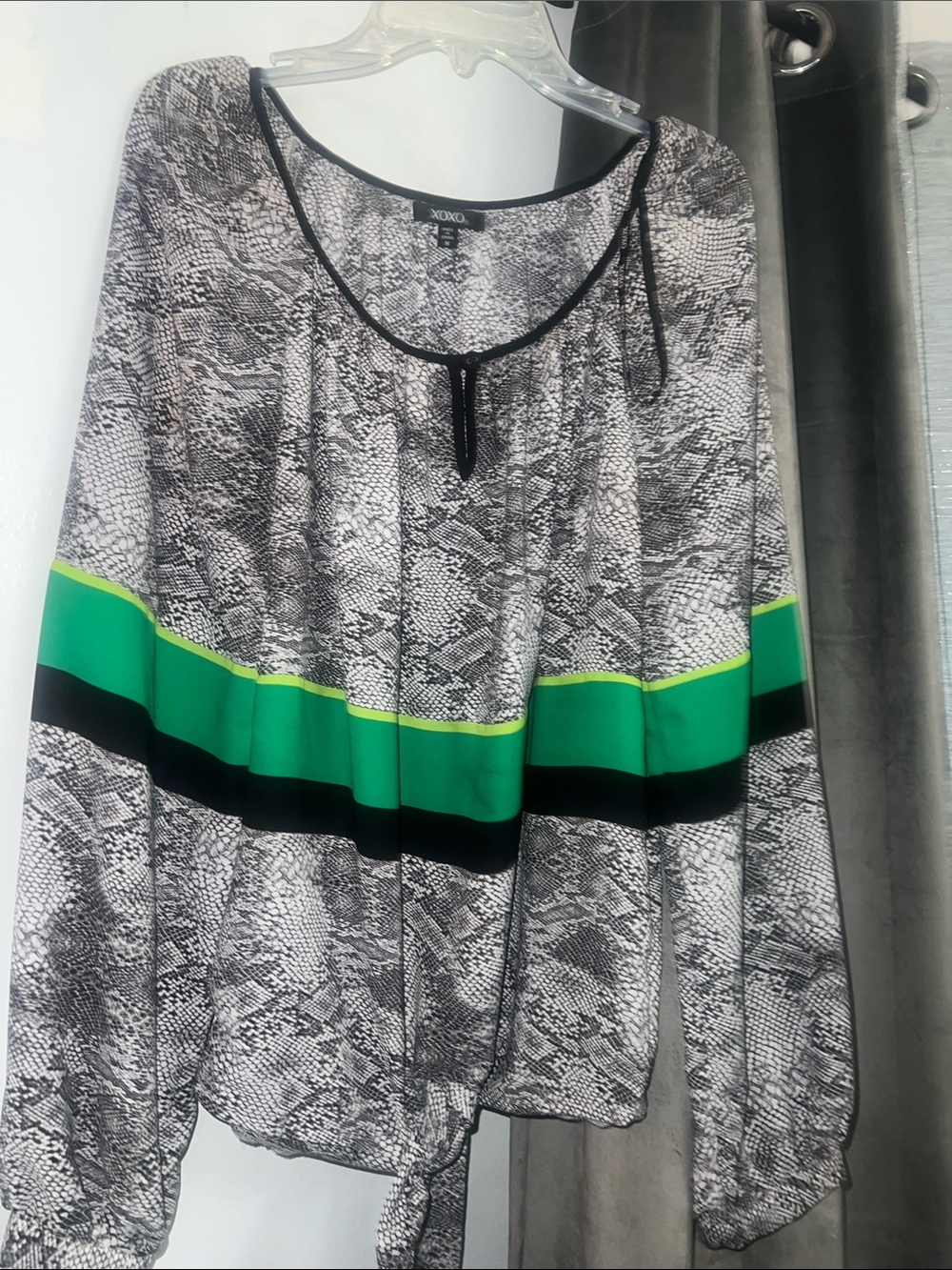XOXO Gray Snake Print Top with Green Stripe